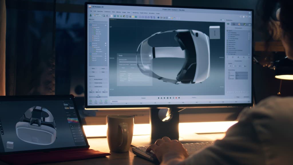 A VR headset being designed in the Autodesk commercial
